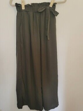 High-Waist Olive Wide-Leg Paperbag Pants